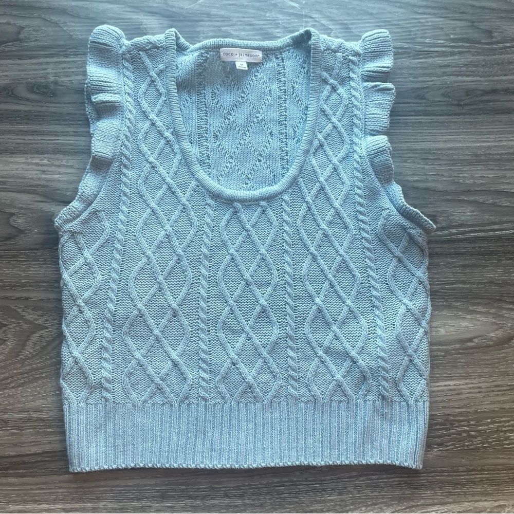 NWOT Coco + jaimeson Light Blue Sleeveless Knit Top with‎ Ruffle Details